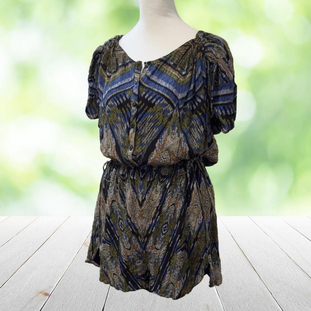 Vintage Y2K FREE PEOPLE Romper Abstract Print Drawstring Henley Boho Size M